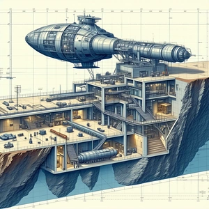 blue white drawing futuristic building