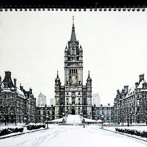 Urban Charcoal Drawing: Famous Building With (snow:1.39) Covering With Large, Ornate