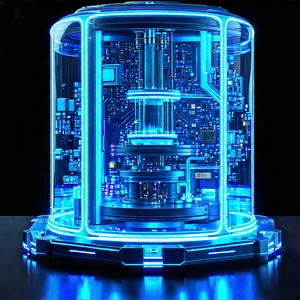 Quantum Computer With Neon Accents With Blue White