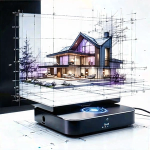 Tech Ink Drawing: Smart Home (device:1.37) With Holographic Display With Computer Monitor