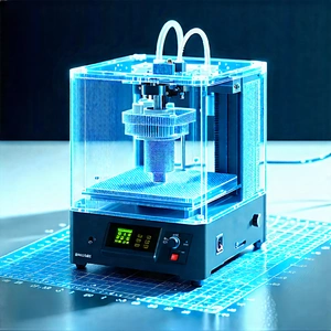 Tech Blueprint Style: 3d printer with digital particles