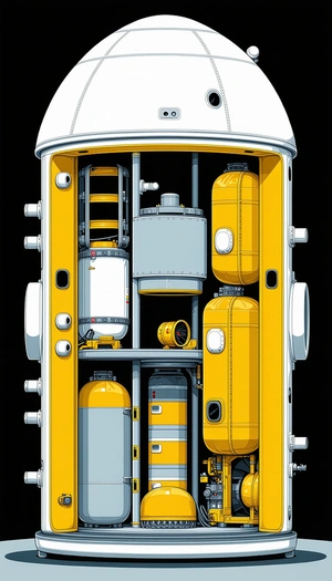 In The Image, There Is A Large Yellow Structure With A Lot Of Pipes And Cylinders