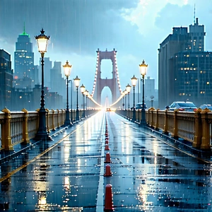 Urban Blender Artwork: Iconic Bridge With Rain-slicked Streets With Captures Rainy
