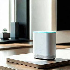 Tech Concept Art: Smart Home Device With User Interface With White Speaker