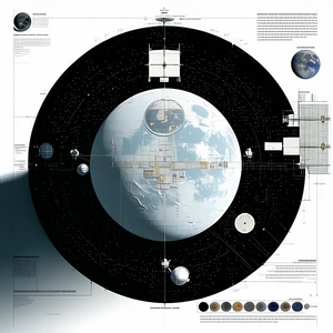 A Large, Detailed Drawing Of A Space Station Is Displayed On A Wall