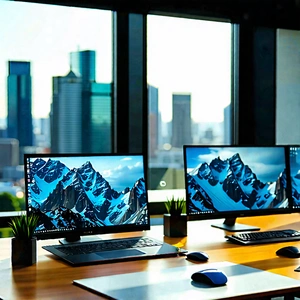 Business Advertising Photography: Workplace With (digital:1.27) Devices On Desk With Large Desk