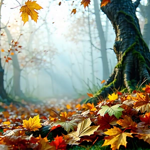 Nature 3D Render: Autumn leaves in misty environment