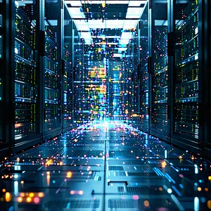 Server Rack With Digital Particles With Large Computer