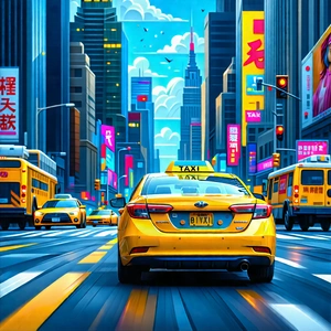 Urban Digital Illustration: (city:1.39) taxi in main avenue