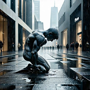 Urban Professional Photography: Modern sculpture with rain-slicked streets