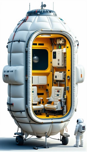 A White And Yellow Spacecraft Is Shown In A Cross-section View