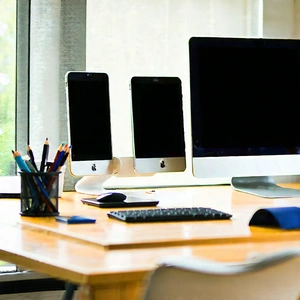 Business Tilt-shift Photography: Workplace With Digital (devices:1.38) On Desk With Wooden Desk