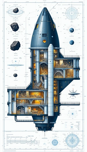 A Large Spacecraft Is Shown In A Blue And White Drawing, With A Large Rocket Ship In The Center