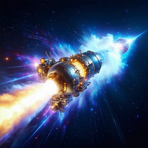 In The Image, There Is A Large Spacecraft With A Long, Curved Shape, Flying Through The Sky