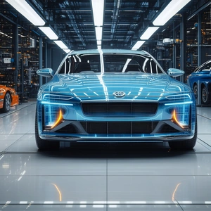 Tech Macro Photography: Automotive Technology In Research Center With Blue Parked