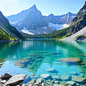 Nature Advertising Photography: Crystal Clear (lake:1.38) Surrounded By Mountain Peaks With Serene Mountain