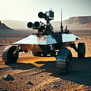 A Large Robotic Vehicle With Four Wheels, Sitting On A Dirt Surface