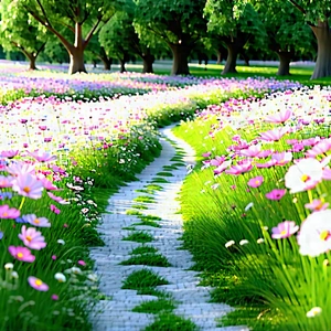 Nature 3d Render: Path Through Flowering Meadow With Pathway Lined
