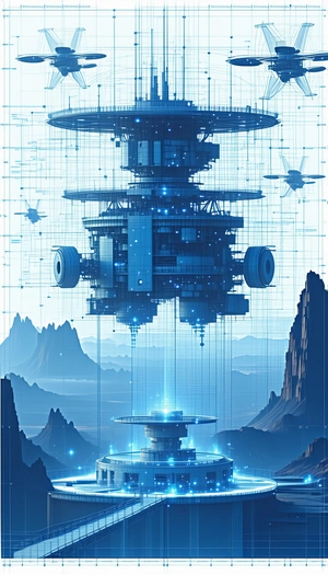 In This Futuristic Scene, A Large, Blue, And White Space Station Is Floating In The Air