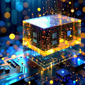 Tech Geometric Design: Quantum Computer With (digital:1.16) Particles With Large, Brightly