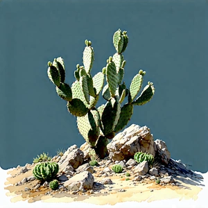 Nature Gouache Painting: Cactus In Rocky Terrain With Image, There