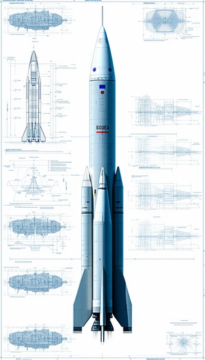 A Large Rocket Ship Is Shown In A Blue And White Drawing