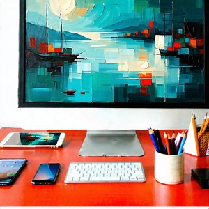 Business Oil Painting: Workplace With Digital (devices:1.37) On Desk With Painting Boat
