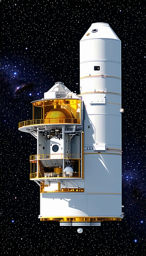 A Large White Structure With A Yellow Dome On Top Is Situated In A Dark Sky