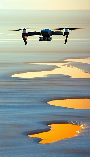 A Black Drone Flying Over A Snow-covered Landscape