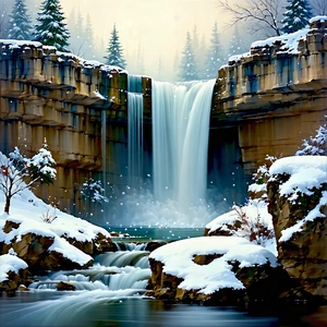 Nature Pastel Drawing: Waterfall In Winter Snow With Beautiful Waterfall