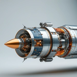 A Large, Silver Engine With A Gold Tip