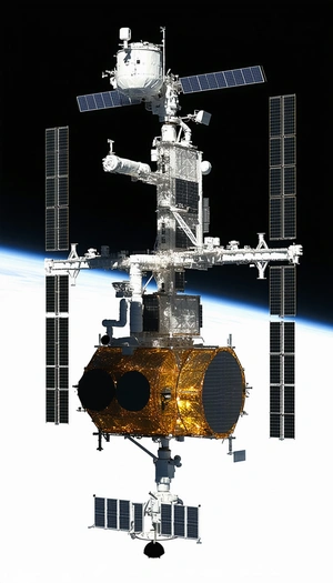 A Large Spacecraft Is Shown In A Close-up View, With Its Various Components Clearly Visible