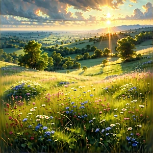 Nature Pastel Drawing: Meadow During (sunset:1.13) With Beautiful, Sunny