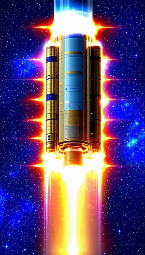 A Rocket Ship With A Long, Curved Tail, Flying Through The Night Sky
