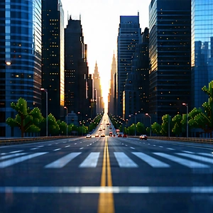 Urban Long Exposure Photography: Cityscape Of Downtown District During (sunset:1.46) With Computer-generated (cgi)