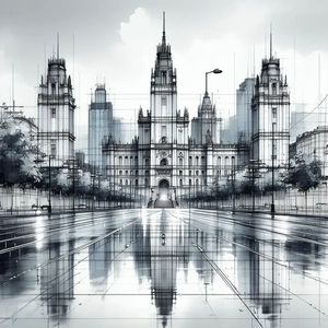 Urban Blueprint Style: Famous Building With Rain-slicked Streets With Image, There