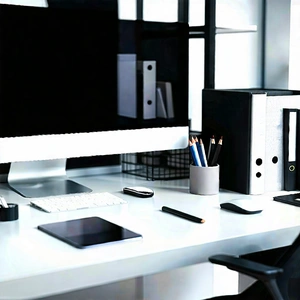 Business Geometric Design: Workplace with productivity tools on desk
