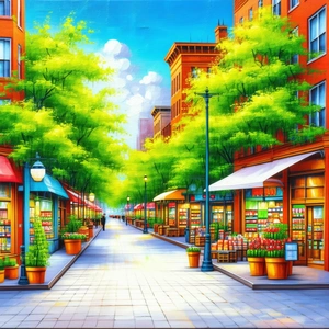 Urban Acrylic Painting: Urban shopping district scene