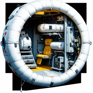 In The Image, There Is A Large White Spacecraft With A Round Shape, Resembling A Giant White Tube