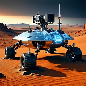A Futuristic Robot Is Sitting On A Sandy Surface, Possibly A Desert