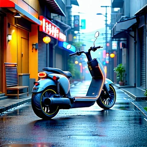 Urban Unreal Engine: (city:1.23) Electric Scooter In Quiet Side Street With Small Motorcycle