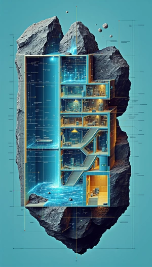 A Blue And White Drawing Of A Building Is Shown