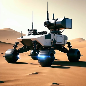 A White Robotic Vehicle With A Large Dome On Top, Driving Across A Sandy Terrain