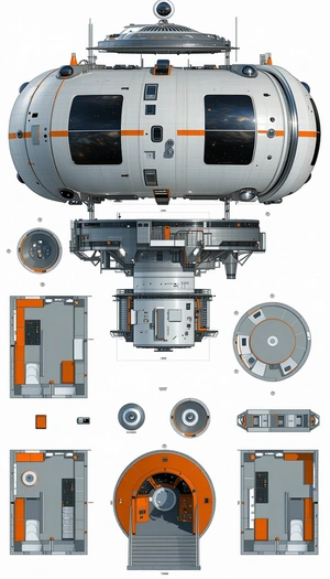 A Space Ship Is Shown In A Series Of Diagrams, With Each Part Labeled