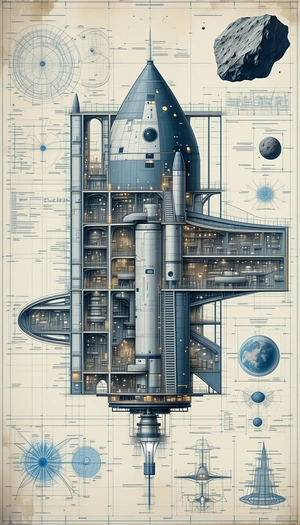 The Image Is A Blue And White Drawing Of A Space Shuttle, Showcasing Its Various Components