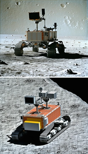 The Image Is A Split Photo, Showing Two Different Views Of A Rover On The Moon