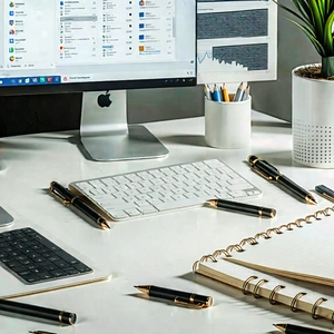 Business Cinema 4D: Workplace with notebooks and pens on desk