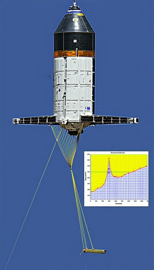 A Large Satellite Is Suspended In The Air, With A Yellow Cable Attached To It