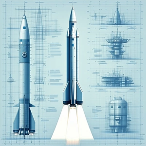 A Rocket Ship Is Shown In A Blue And White Drawing