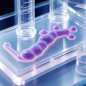 A Purple, Light-up Snake-like Creature Lying On A Clear Plastic Surface